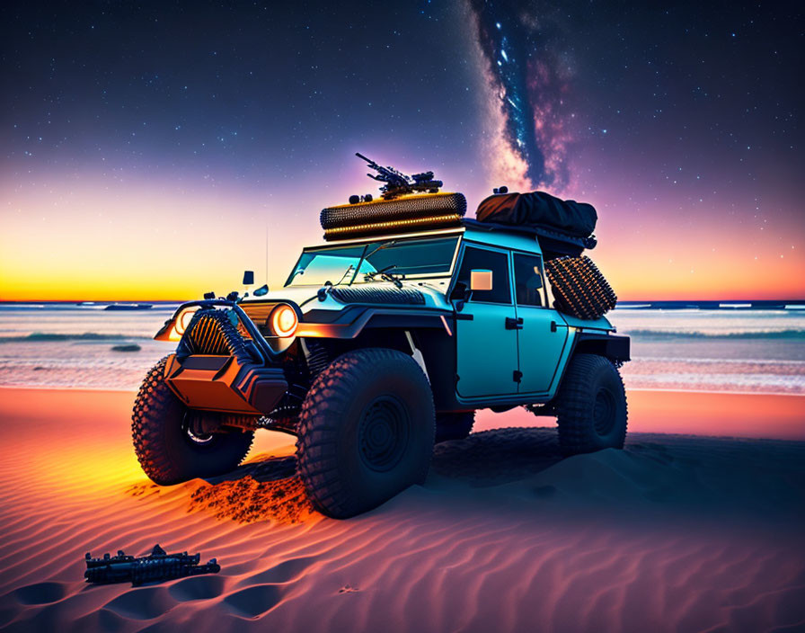 Off-Road Vehicle with Extra Tires Parked in Desert at Twilight