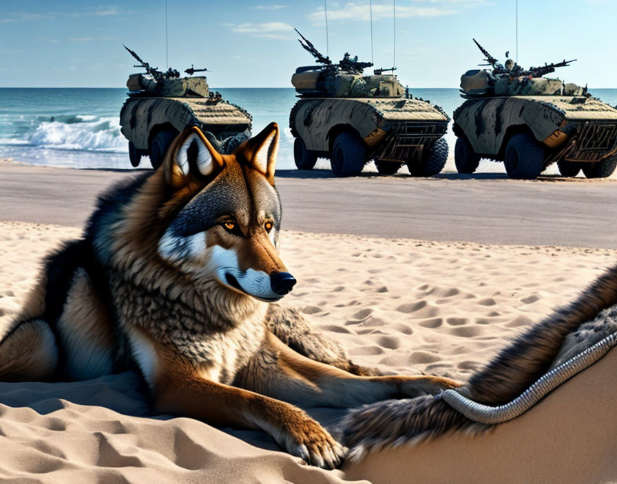 Photorealistic anthropomorphic wolf with military tanks on sandy beach