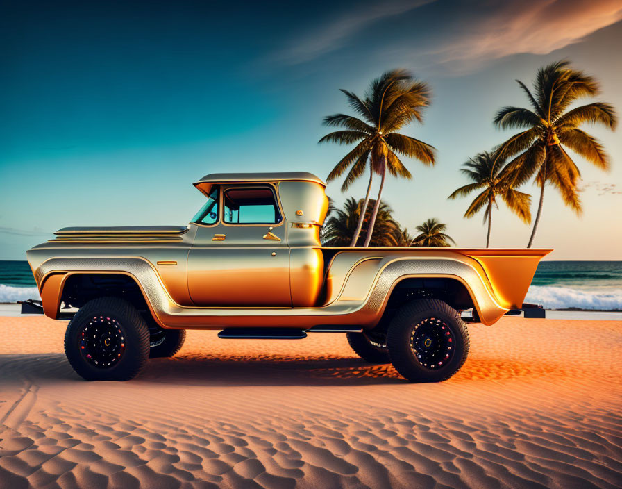 Vintage Pickup Truck on Sandy Beach at Sunset with Palm Trees and Ocean