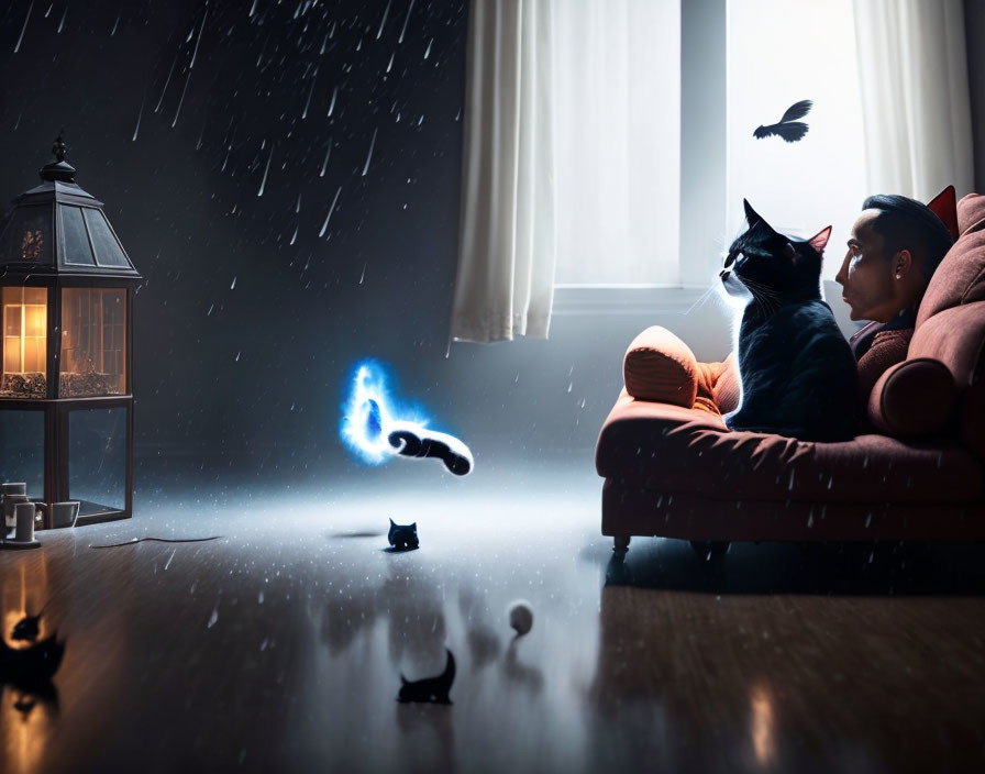 Person and cat observe blue butterfly indoors with rain, decoy black cats, and bird outside