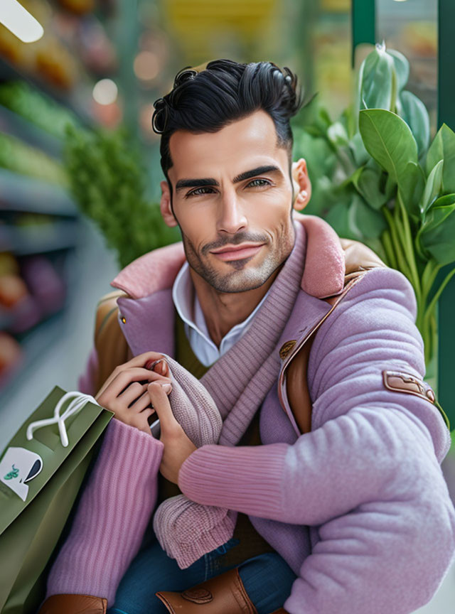 Fashionable person with groomed beard in pink coat holding shopping bags and green plants