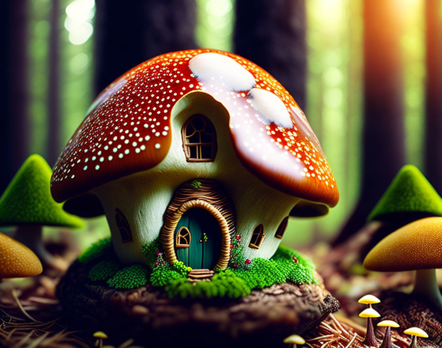 Whimsical mushroom house in vibrant forest setting