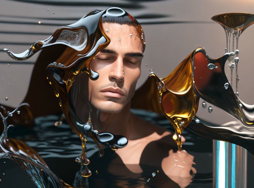 Photorealistic 3D image of man's face in liquid with gold and silver droplets