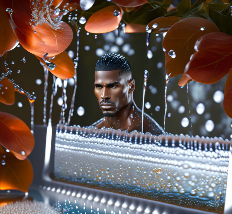 Stylized male figure in water with orange flowers and metallic texture