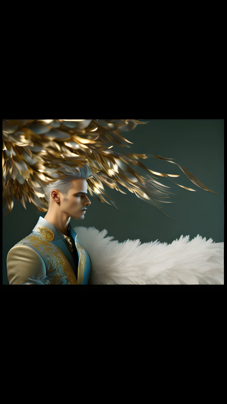 Man with Golden Wing Hair in Blue and Gold Jacket on Dark Background