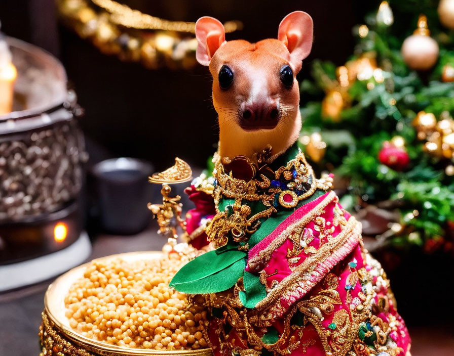 Whimsical photo manipulation of a mouse in Indian attire surrounded by festive decorations