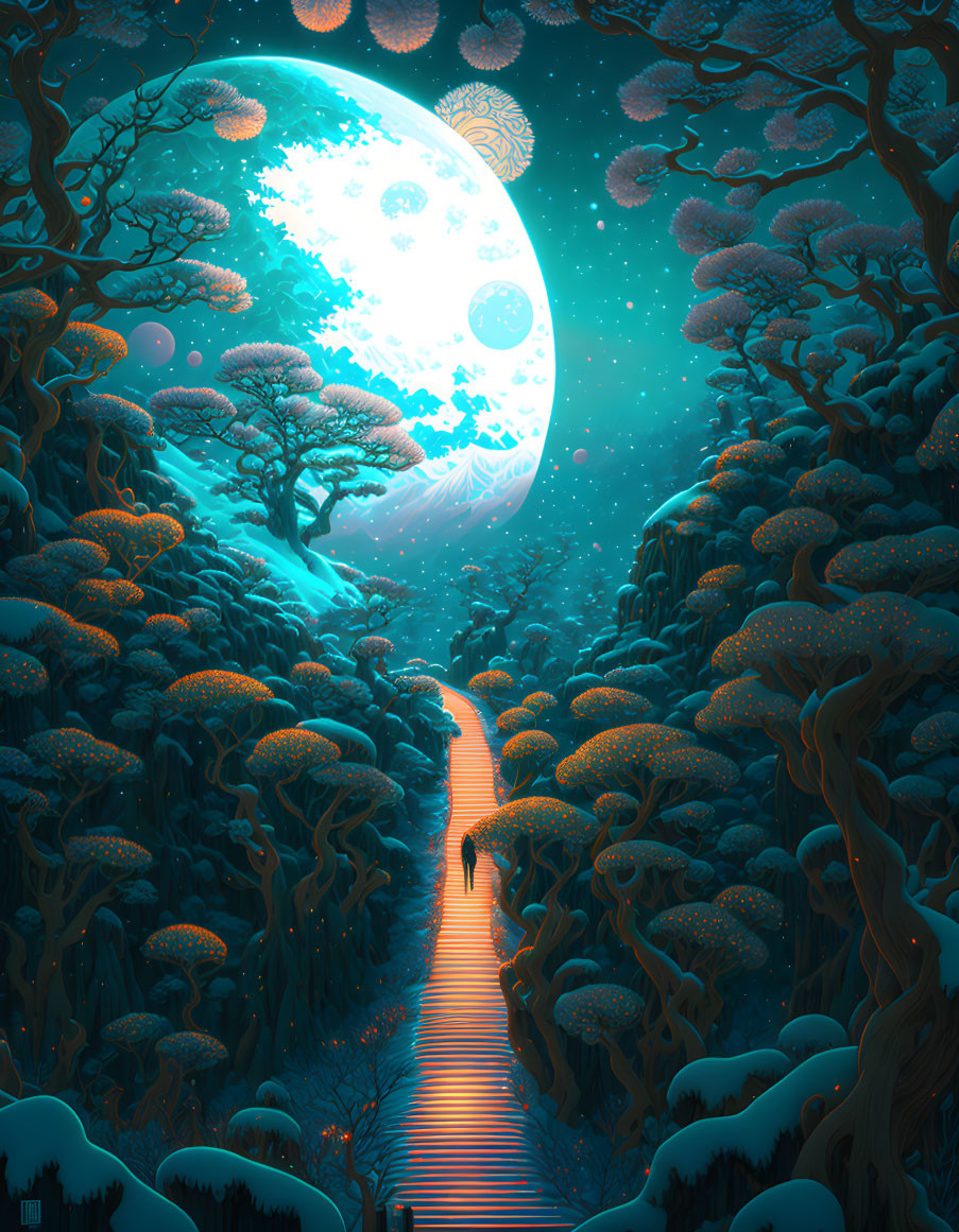 Fantastical forest scene with luminous trees under a glowing moon