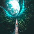 Fantastical forest scene with luminous trees under a glowing moon