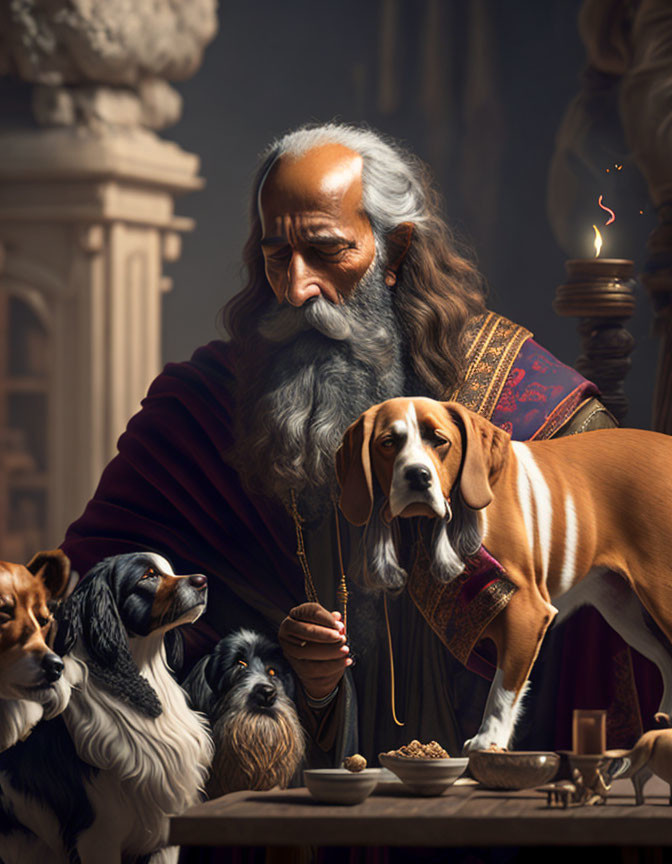 Elderly Bearded Man with Dogs in Classical Setting