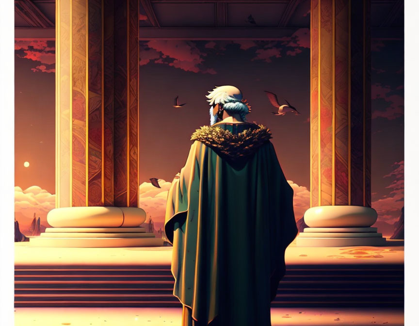 White-Haired Figure in Green Cape Observing Sunset Hall Scene