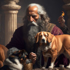 Elderly Bearded Man with Dogs in Classical Setting