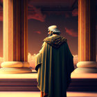 White-Haired Figure in Green Cape Observing Sunset Hall Scene