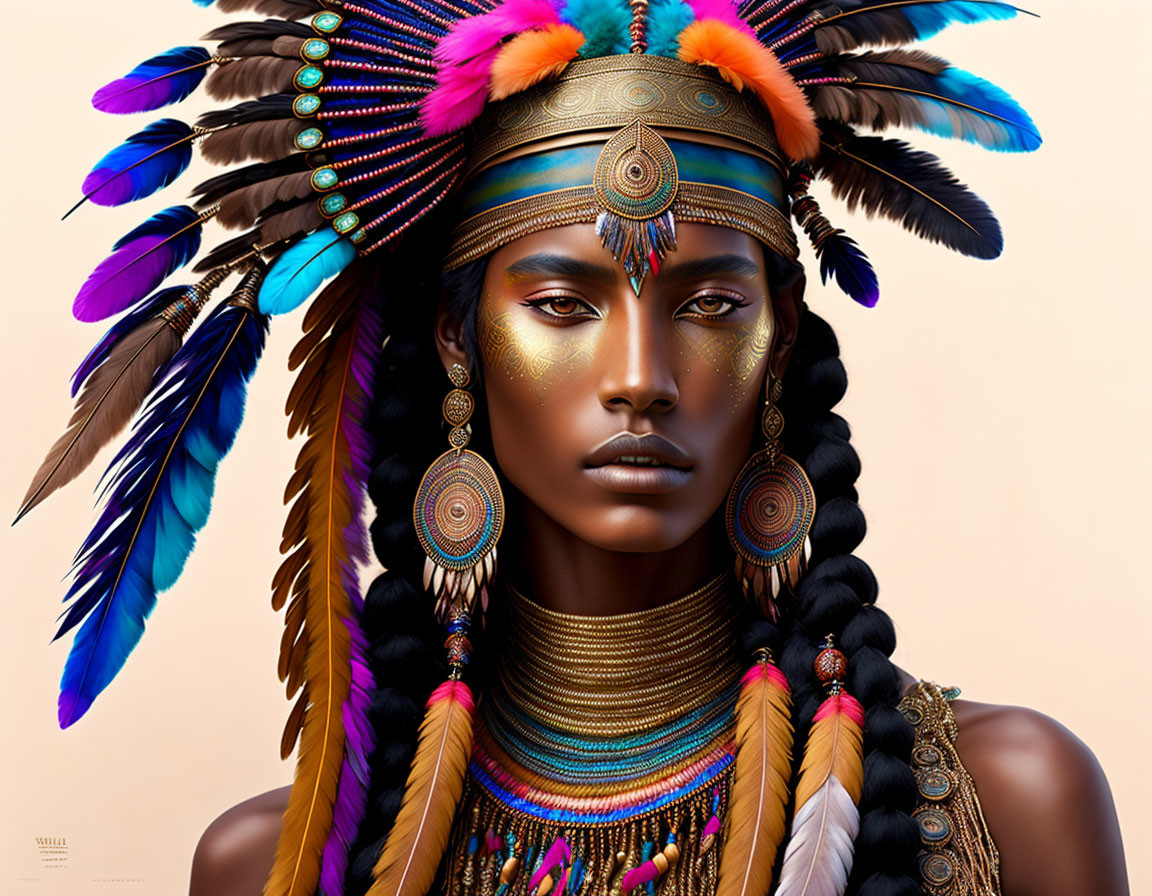 Colorful headdress with detailed makeup and traditional ornaments