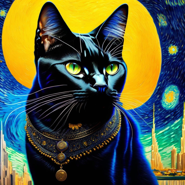 Stylized black cat with green eyes on Starry Night backdrop