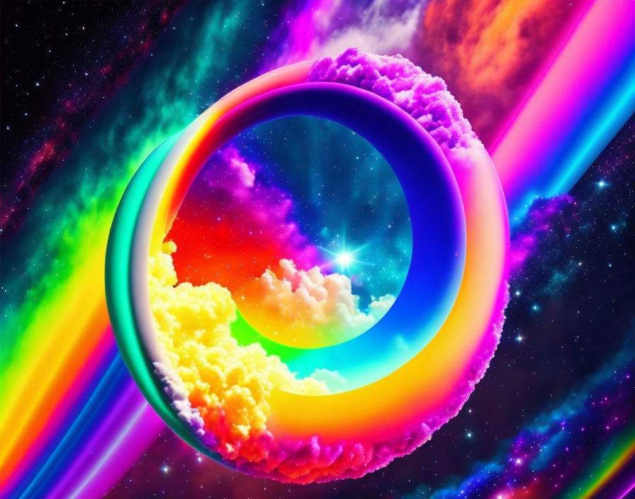 Colorful abstract rainbow ring with fluffy texture on cosmic background