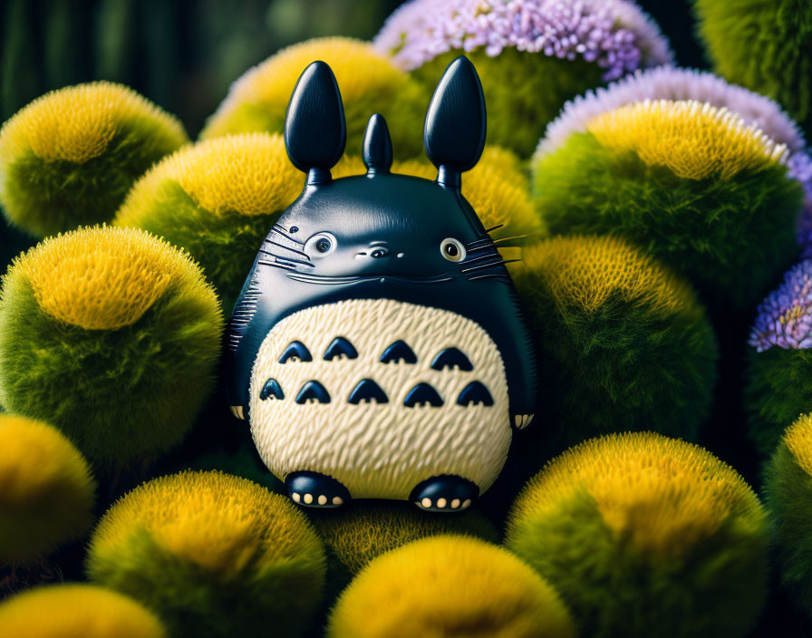 Cute Totoro Figurine Surrounded by Yellow and Purple Flowers