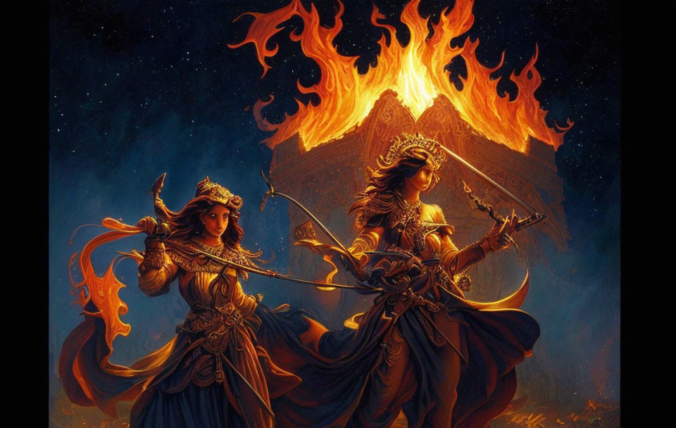 Warrior women in regal armor with weapons by flaming structure