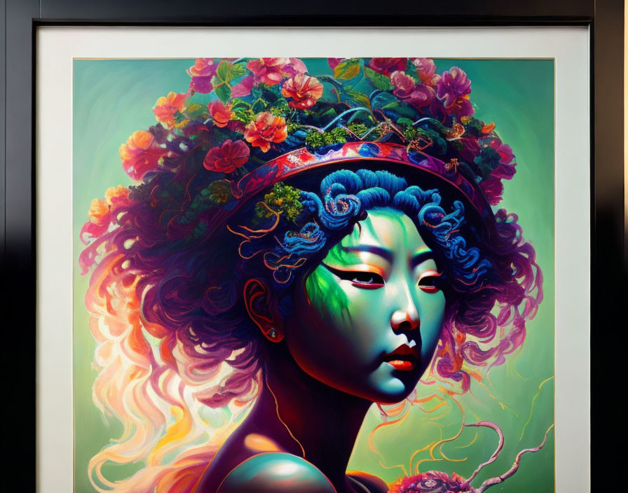 Vibrant digital painting of a woman with floral hair in surreal frame