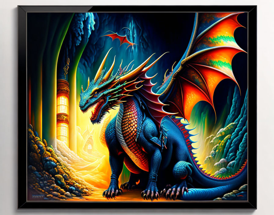 Colorful dragon with wings in fantastical setting.