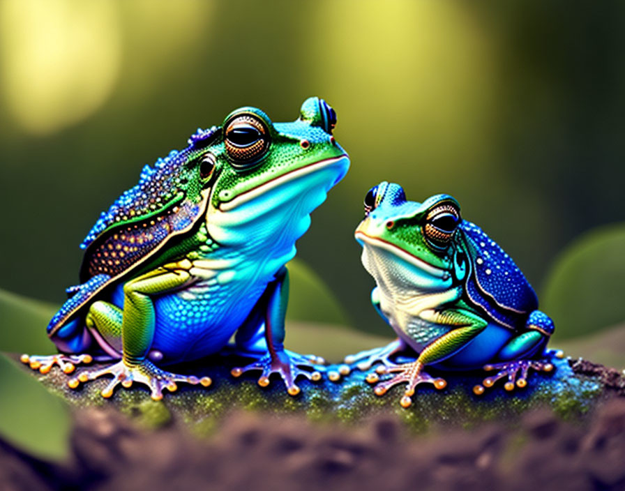 Colorful Frogs with Intricate Patterns on Twig in Soft-focus Green Background