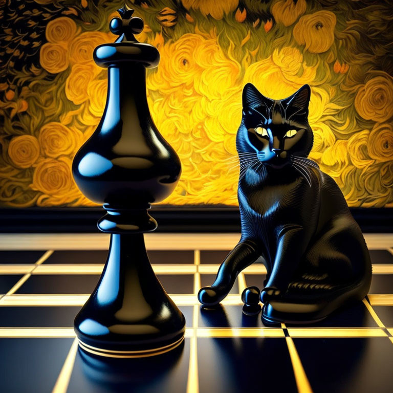 Black cat with chess king piece on Starry Night chessboard