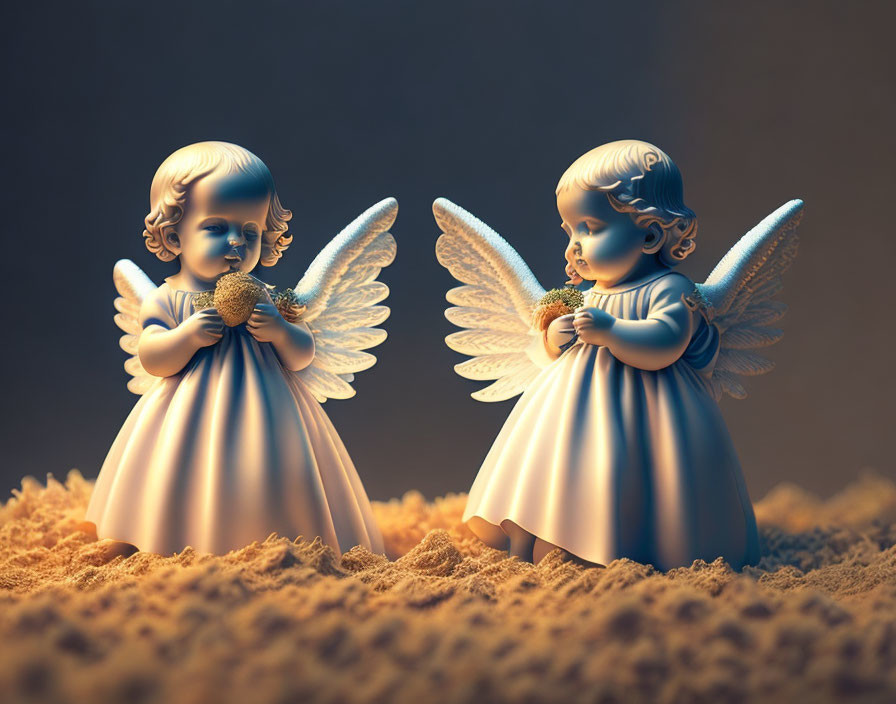 Blue-winged angel figurines with halos on sandy surface, one holding golden object