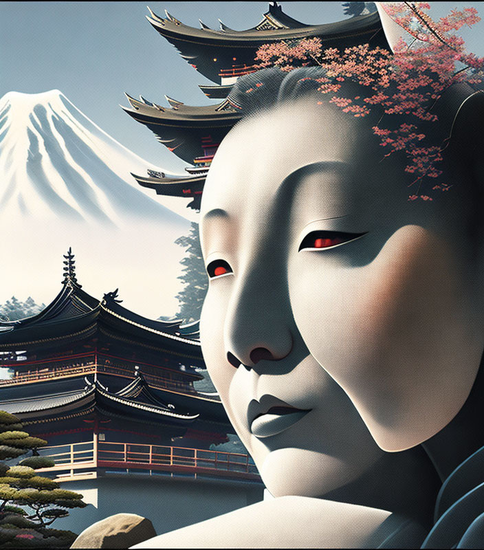 Stylized geisha face with cherry blossom tree and Mount Fuji.