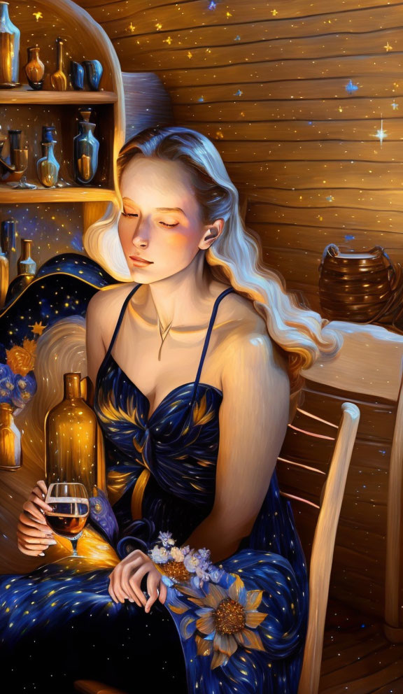 Blonde woman in starry blue dress with glass of wine in cozy cabin setting