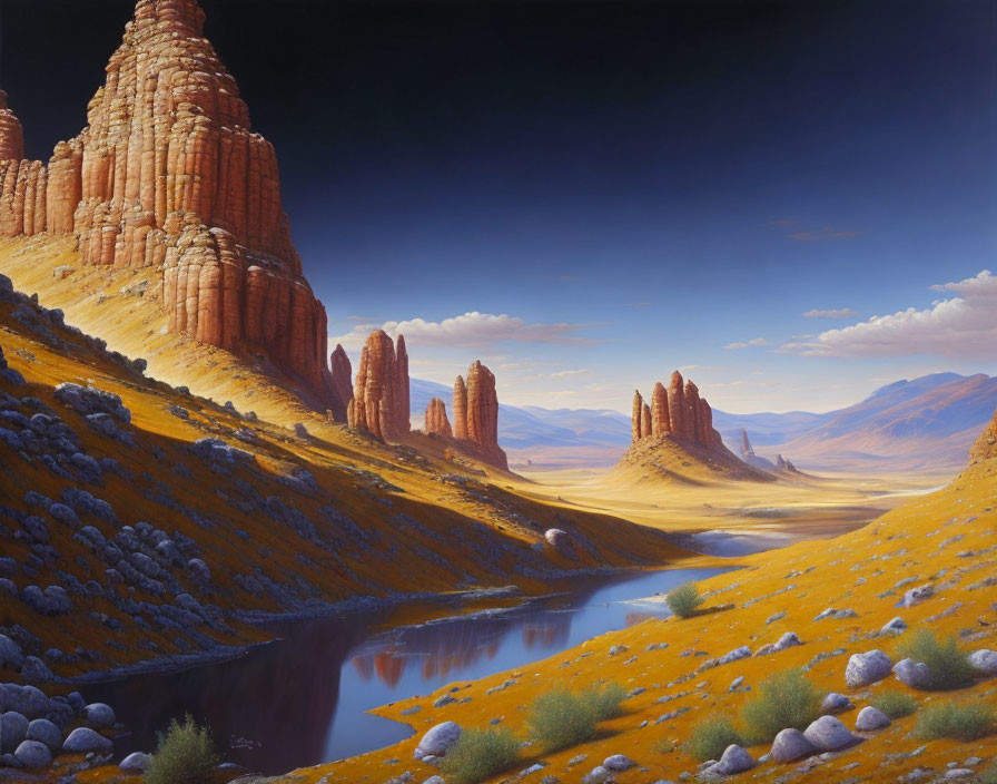 Tranquil landscape with red rock formations, river, and wildflowers