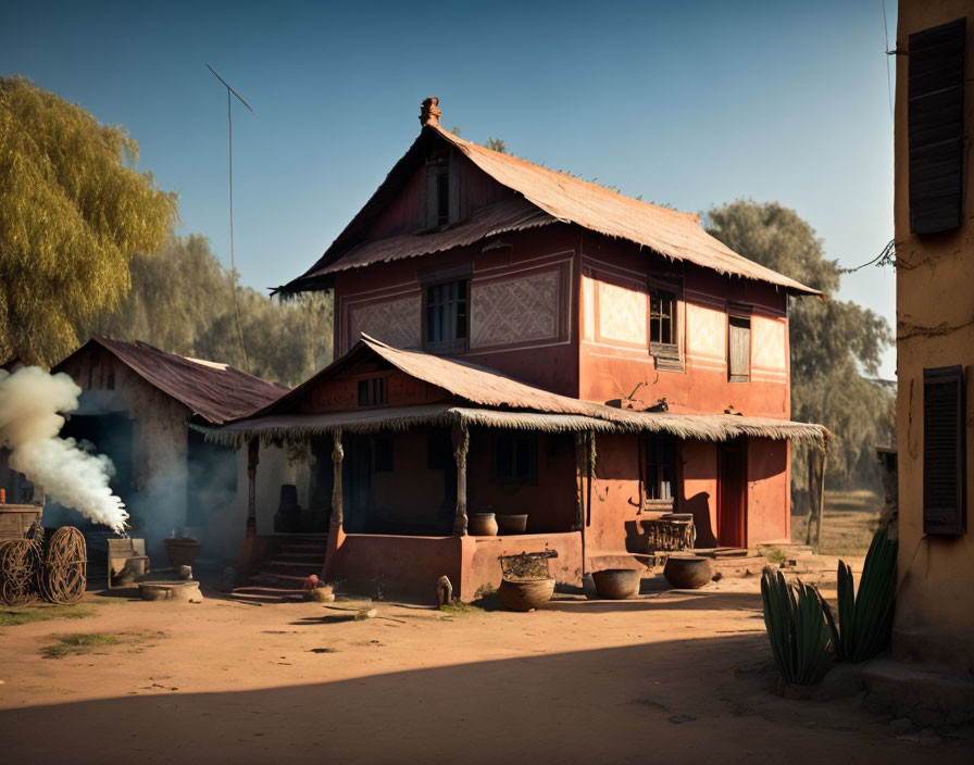 Two-story red house with terracotta roof, surrounded by greenery and smoke under clear sky