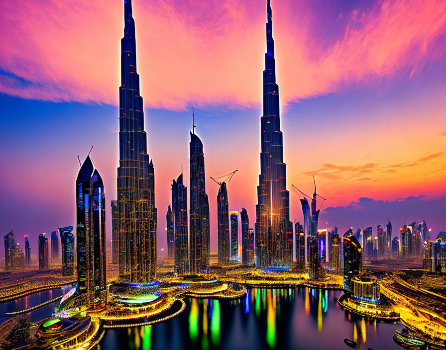 Illuminated cityscape at dusk with twin towers and waterfront reflection