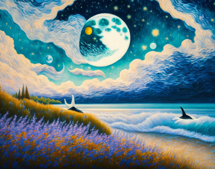 Surreal beach painting with whales, cosmic sky, and purple foliage