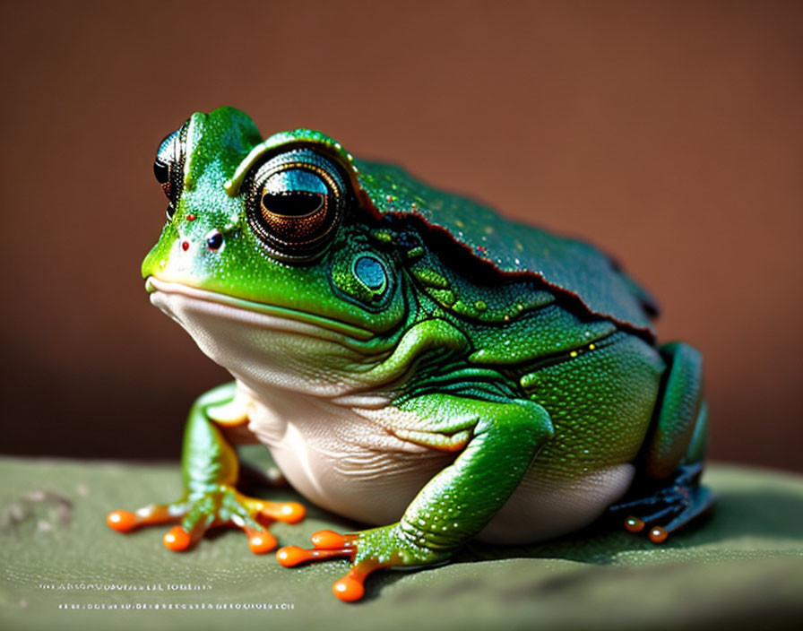 Colorful Frog with Shiny Eyes on Leafy Surface Shows Textured Skin