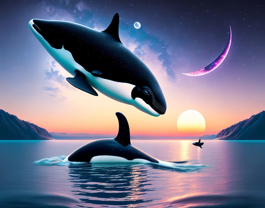 Surreal image: Two orcas leaping under moon, sun, and starry sky