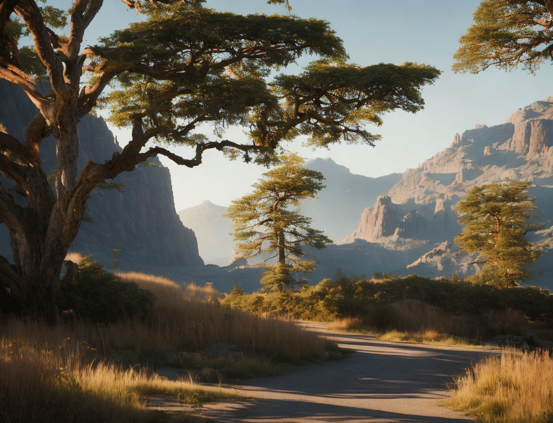 Scenic landscape with winding road, tall grasses, trees, and mountains