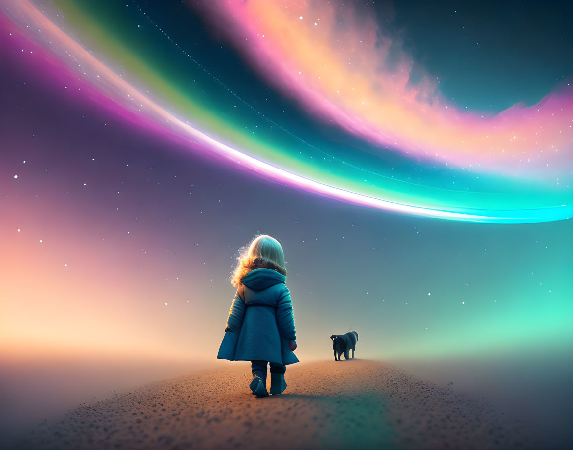 Child and dog under vibrant aurora in dreamlike nightscape