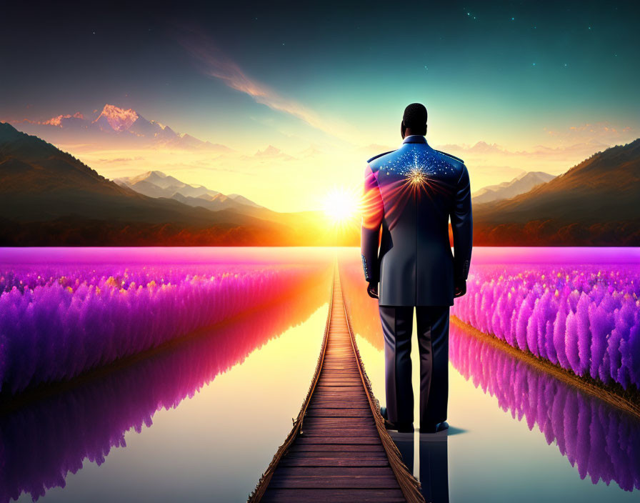 Man in suit on wooden walkway through purple fields towards sunset over mountains