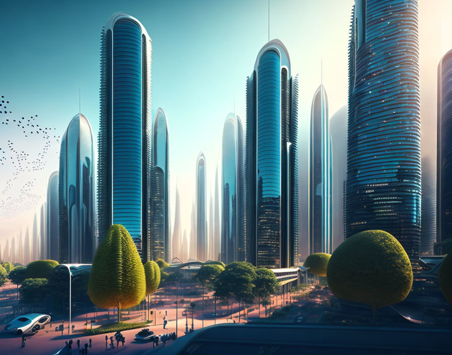 Sleek skyscrapers in futuristic cityscape with green trees and people walking.