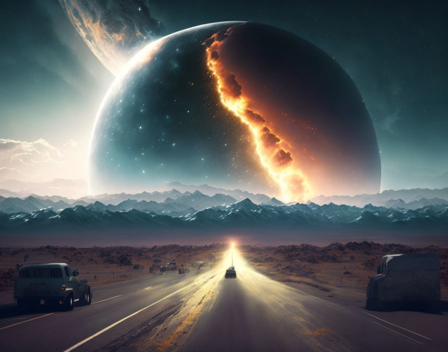 Vehicles on desert highway under fiery sunset with giant planet and meteor impact