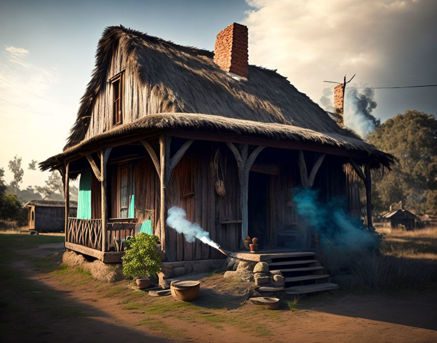 Traditional cottage with thatched roof, smoking chimneys, blue shutters, and porch steps in rural