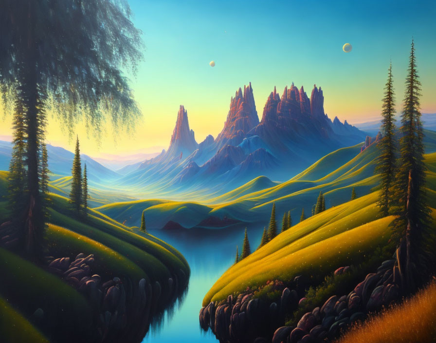 Fantasy landscape with river, hills, mountains, trees, and two moons