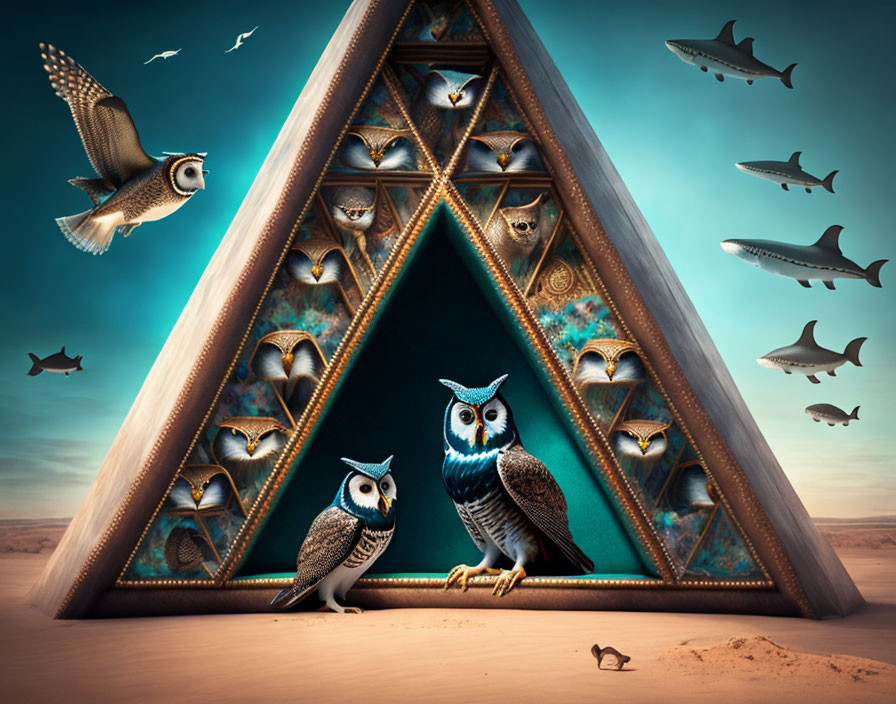 Surreal image of owls, glowing owl, sharks, birds in desert landscape