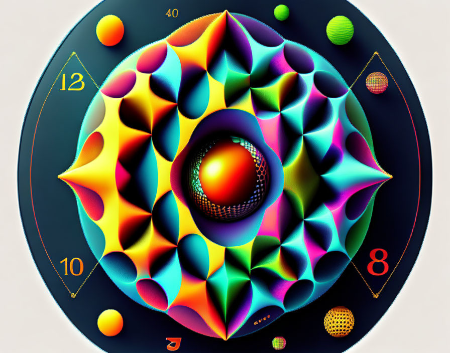 Vibrant digital artwork: central 3D sphere, abstract patterns, numbers in oval frame