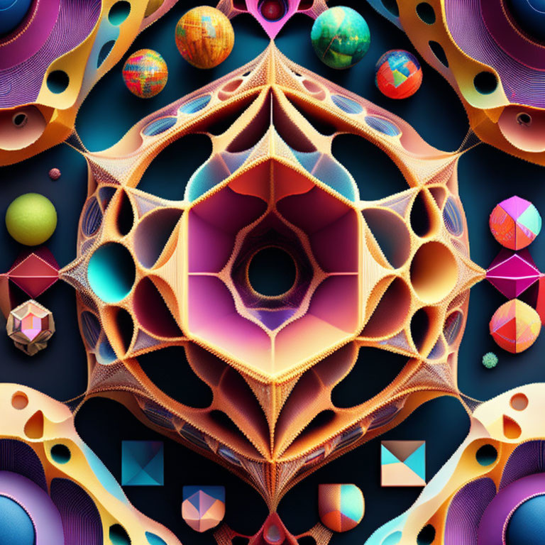 Symmetrical geometric fractal pattern with 3D shapes on dark background