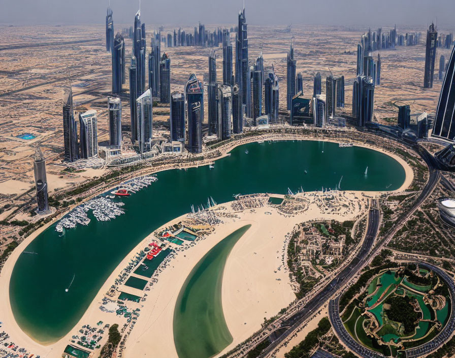 Modern city skyline with skyscrapers, lake, and park in desert setting