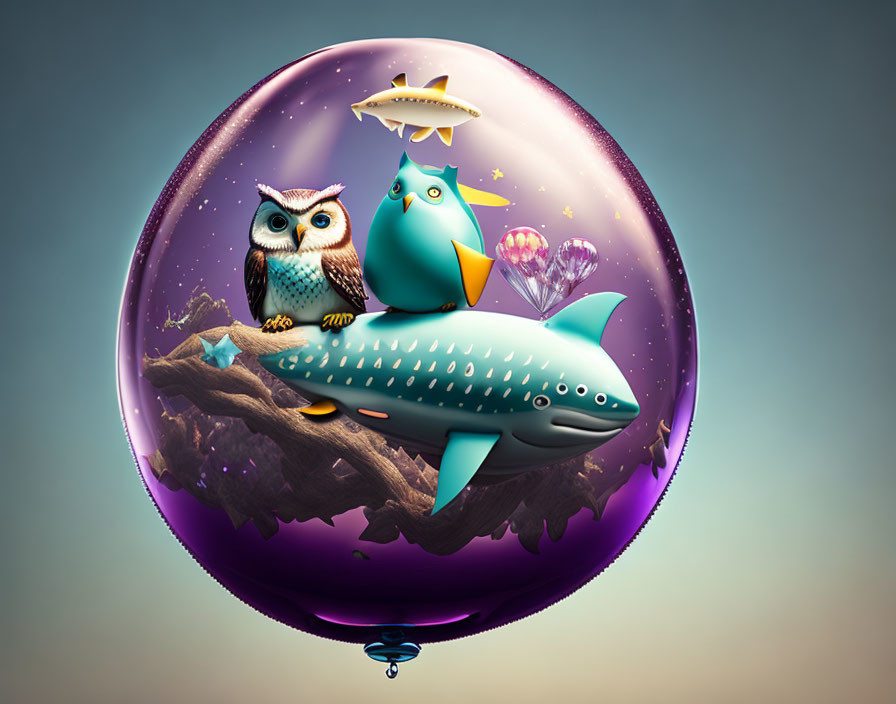 Colorful Balloon Artwork Featuring Owl, Bird, Fish, Flower, and Crown