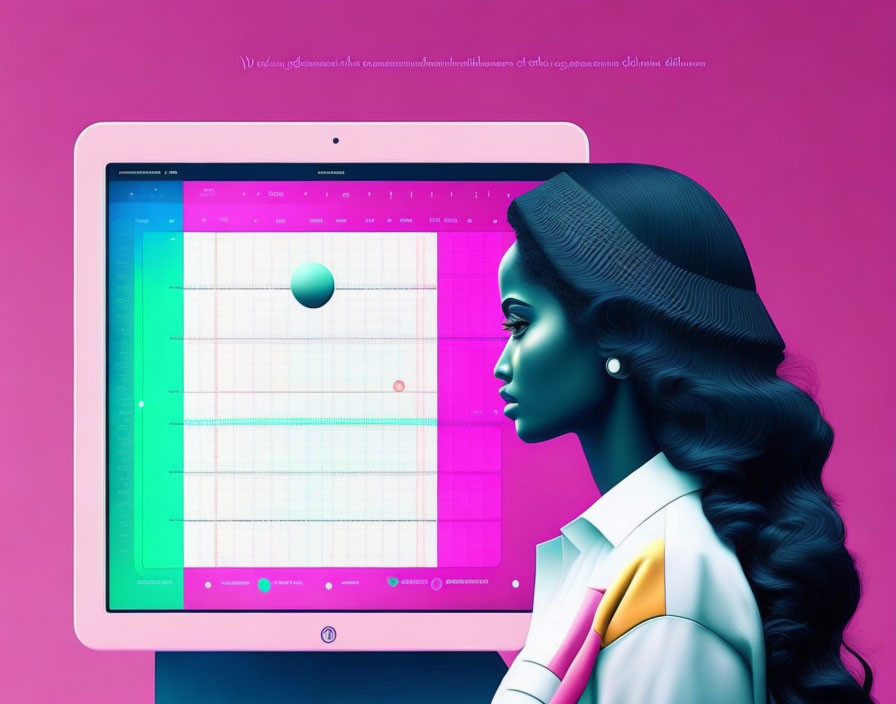 Colorful-haired woman in profile gazes at geometric shapes on screen