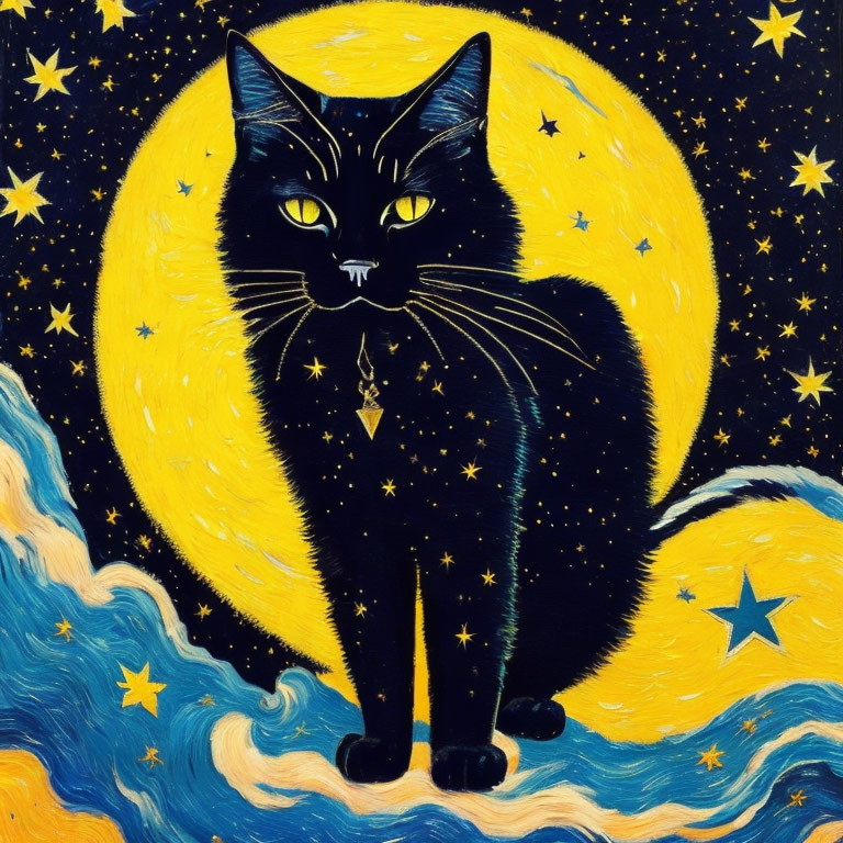 Whimsical black cat under full moon in Van Gogh style