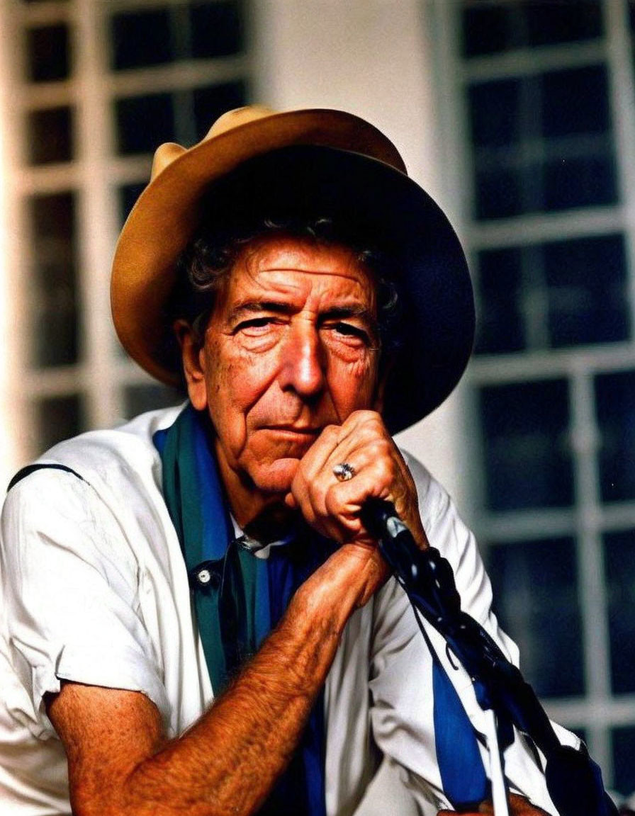 Weathered-faced elderly man in cowboy hat and blue shirt gazes thoughtfully.