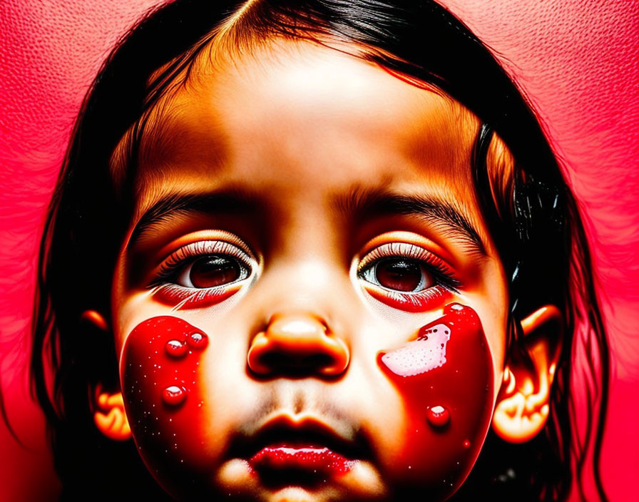 Young child with red glitter tears, brown eyes, vibrant red background